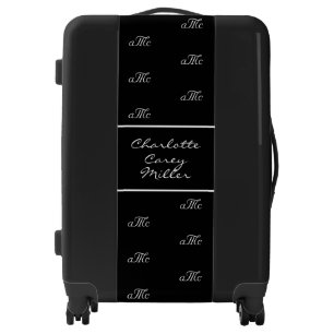 Black white couple monogram pattern name script luggage