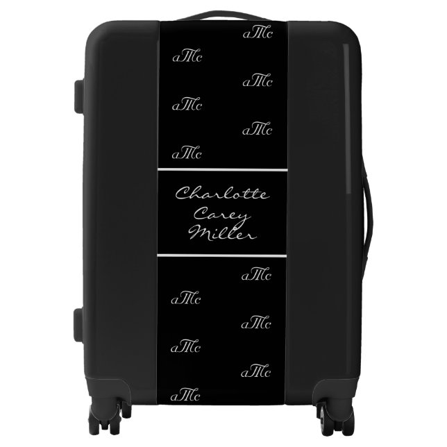 Black white couple monogram pattern name script luggage (Front)