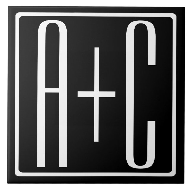Black & White | Couples Initials Ceramic Tile (Front)