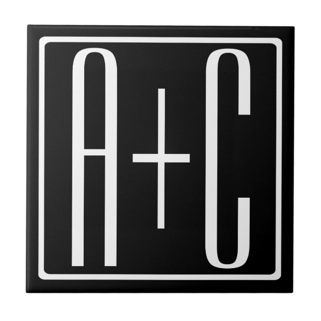 Black & White | Couples Initials Ceramic Tile (Front)