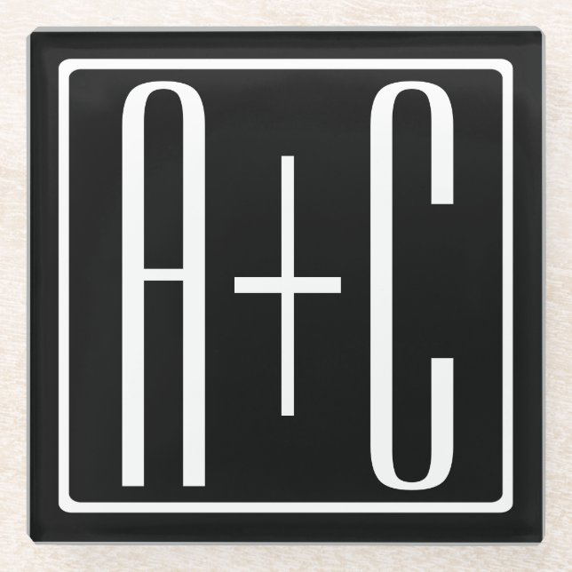 Black & White | Couples Initials Glass Coaster (Front)