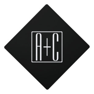 Black & White Couples Initials Graduation Cap Topper