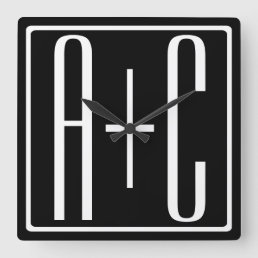 Black &amp; White | Couples Initials Square Wall Clock