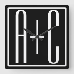 Black & White Couples Initials Square Wall Clock