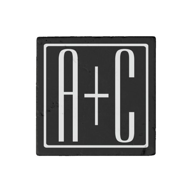 Black & White | Couples Initials Stone Magnet (Front)