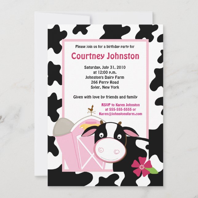 Black & White Cow 5x7 Birthday Invitation (Front)