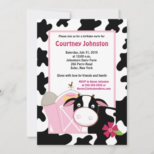 Black  White Cow 5x7 Birthday Invitation