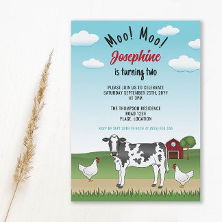 Black White Cow And Chickens Farm Barnyard Birthda Invitation