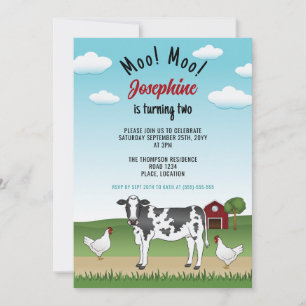 Black White Cow And Chickens Farm Barnyard Birthda Invitation