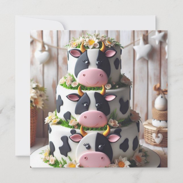 BLACK & WHITE COW CAKE BIRTHDAY INVITATION (Front)