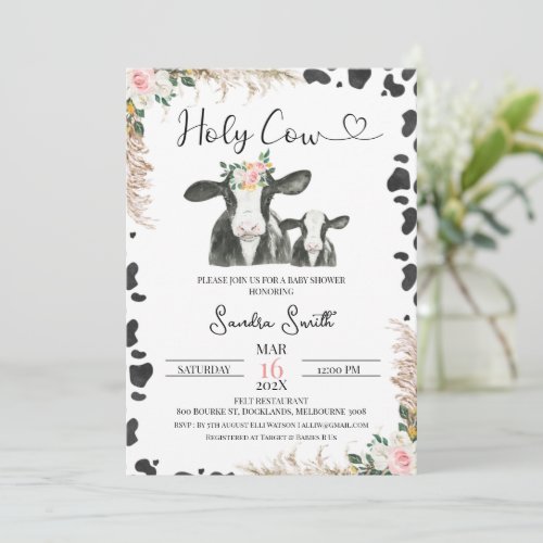 Black White Cow Calf Floral Cow Print Baby Shower Invitation