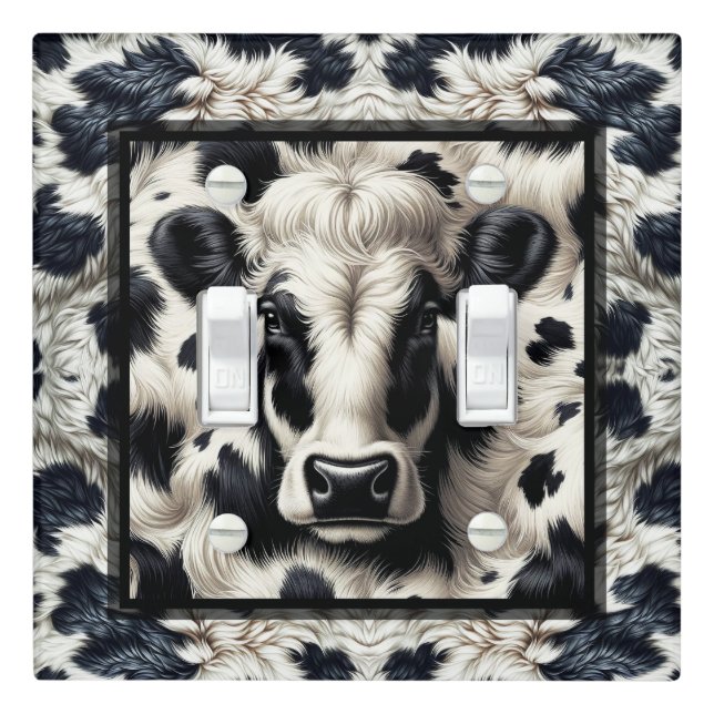 Black & White Cow Cowhide Fur Furry Look Light Switch Cover (In Situ)