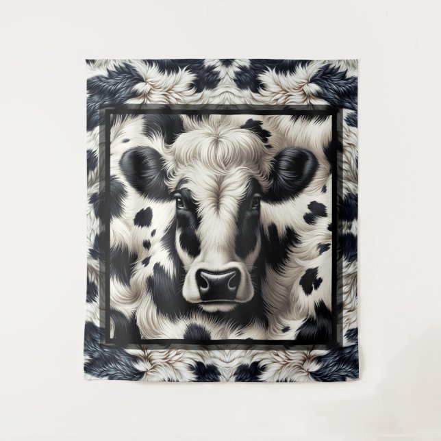 Black & White Cow Cowhide Fur Furry Look Tapestry (Front)