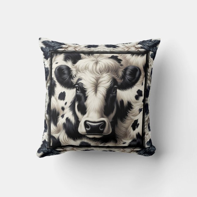 Black & White Cow Cowhide Fur Furry Look Throw Pillow (Back)