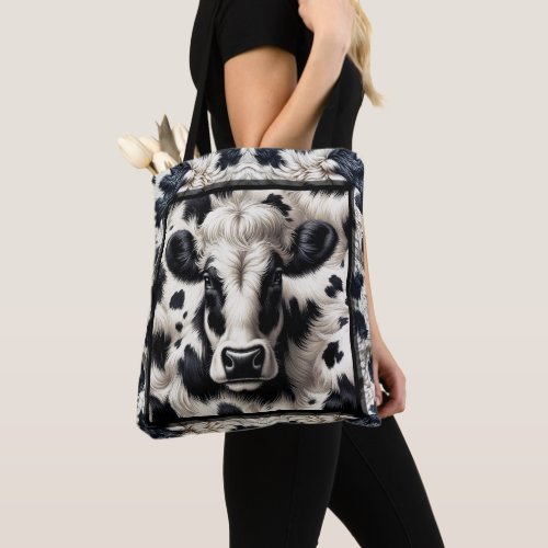 Black  White Cow Cowhide Fur Furry Look Tote Bag