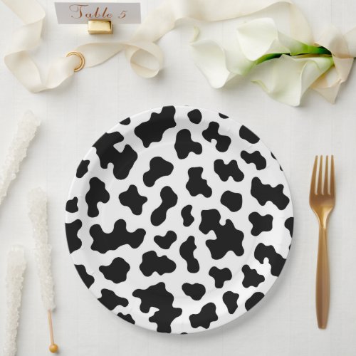 Black  White Cow Cowhide Print Birthday Party Paper Plates