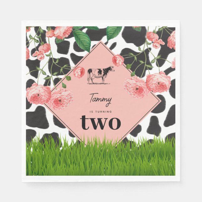 Black & White Cow Farm Animal Birthday Party Pink Napkins (Front)