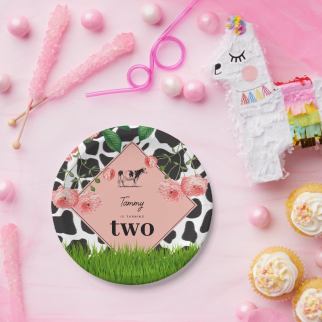 Black & White Cow Farm Animal Birthday Party Pink Paper Plates (Party)