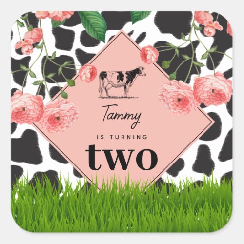 Black  White Cow Farm Animal Birthday Party Pink Square Sticker