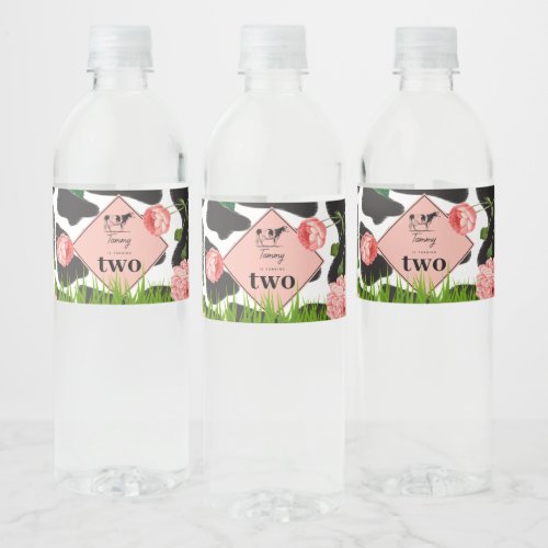 Black  White Cow Farm Animal Birthday Party Pink Water Bottle Label