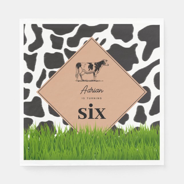 Black & White Cow Farm Animal Birthday Party Theme Napkins (Front)