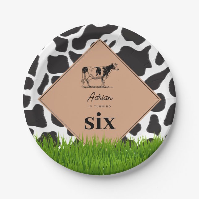 Black & White Cow Farm Animal Birthday Party Theme Paper Plates (Front)