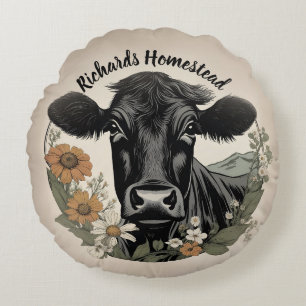 Black & White Cow Floral Wreath Art Round Pillow