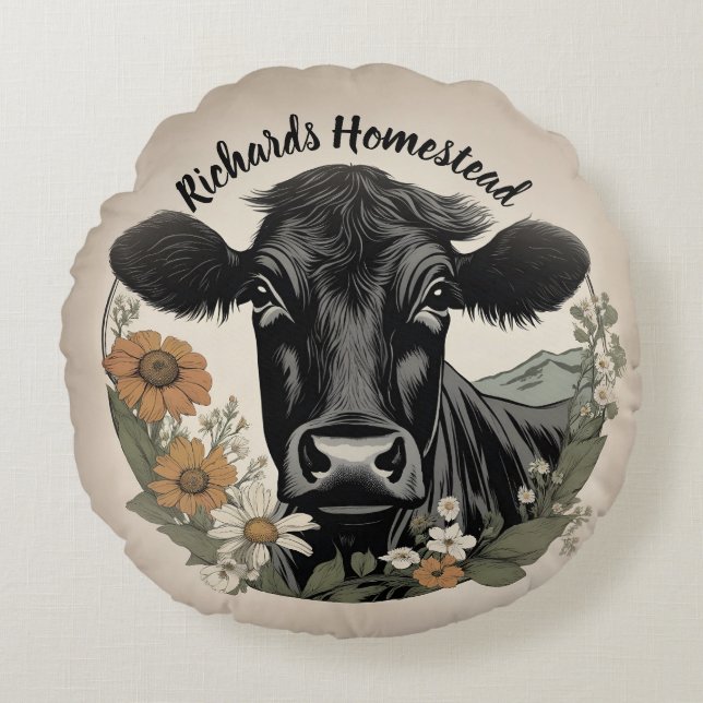 Black & White Cow Floral Wreath Art Round Pillow (Front)