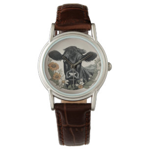 Black & White Cow Floral Wreath Art Watch