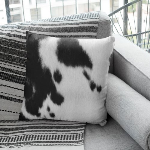 Black White Cow Fur Spots Skin Realistic Throw Pillow