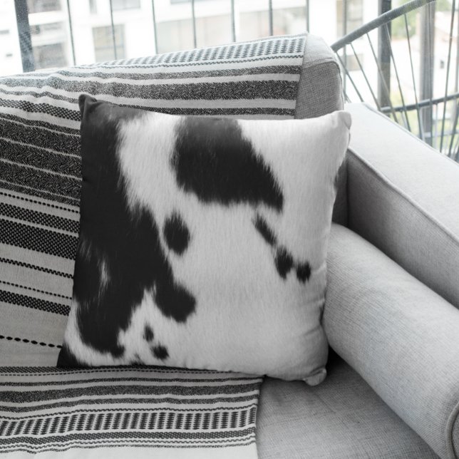 Black White Cow Fur Spots Skin Realistic Throw Pillow (Creator Uploaded)