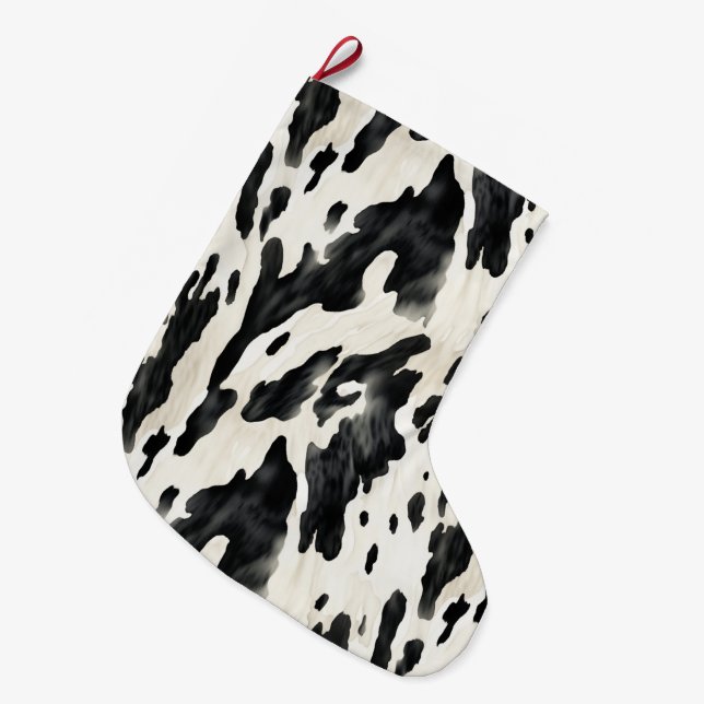 Black White Cow Print Animal Farm Large Christmas Stocking (Front (Hanging))