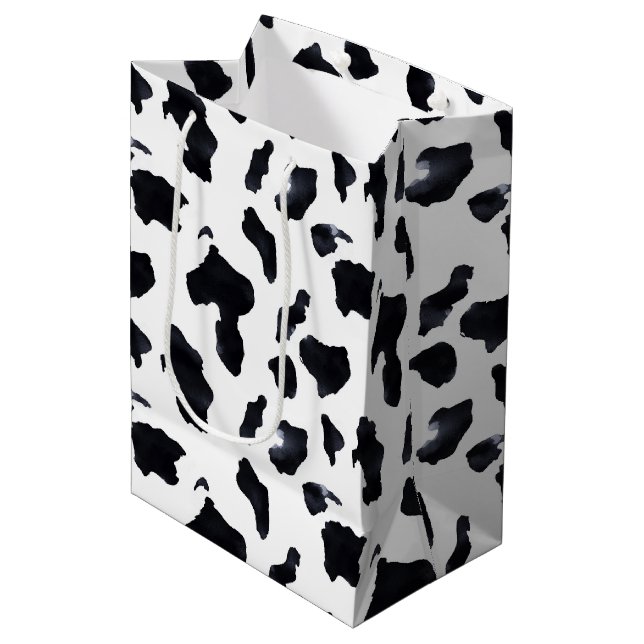 Black White Cow Print Birthday Medium Gift Bag (Front Angled)