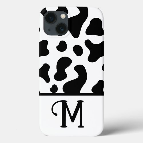 Black  White Cow Print Color Block Initial iPhone 13 Case