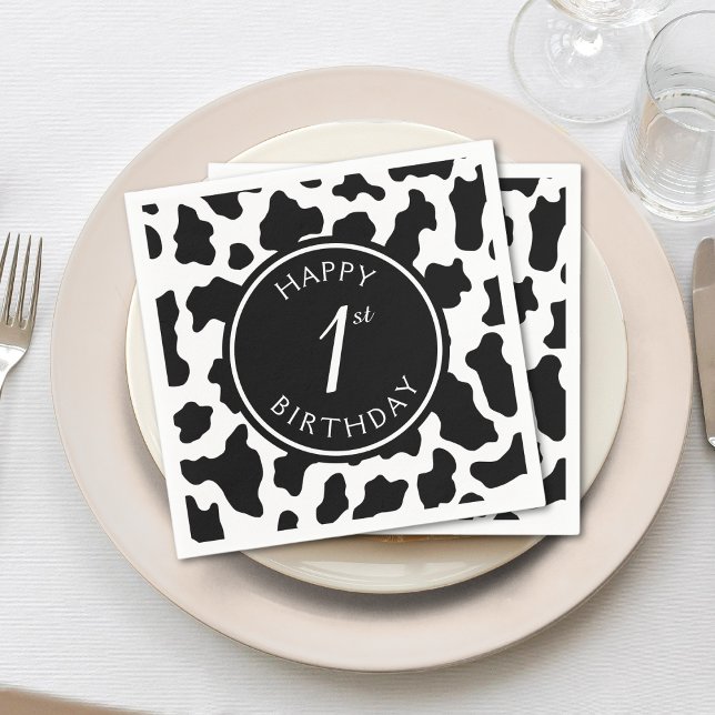 Black & White Cow Print Cowboy First 1st Birthday Napkins (1st birthday cow print napkins)