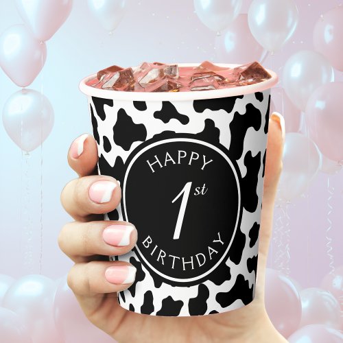 Black  White Cow Print Cowboy First 1st Birthday Paper Cups