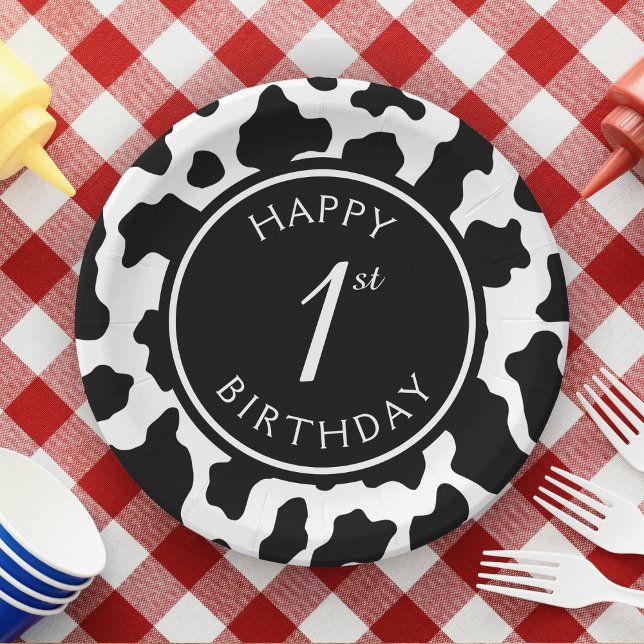 Black & White Cow Print Cowboy First 1st Birthday Paper Plates (cow print first birthday paper plates)