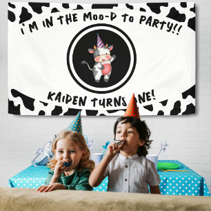 Black & White Cow Print First 1st Birthday Party Banner