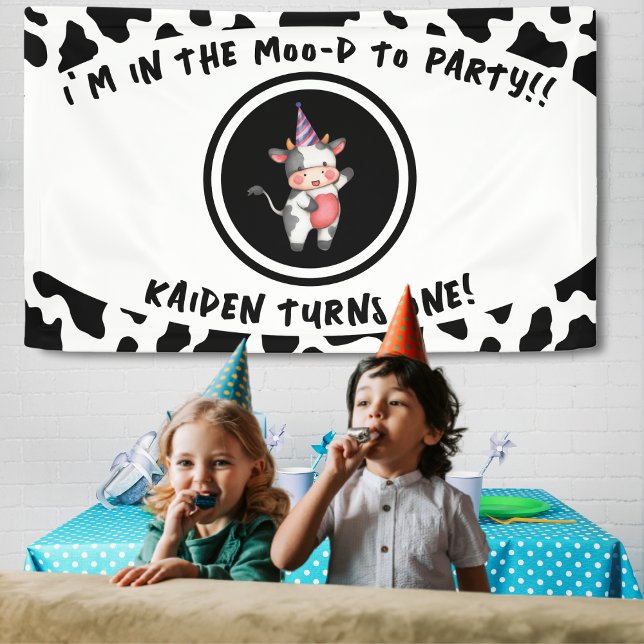 Black & White Cow Print First 1st Birthday Party Banner (funny cow print 1st birthday party banner for kids)