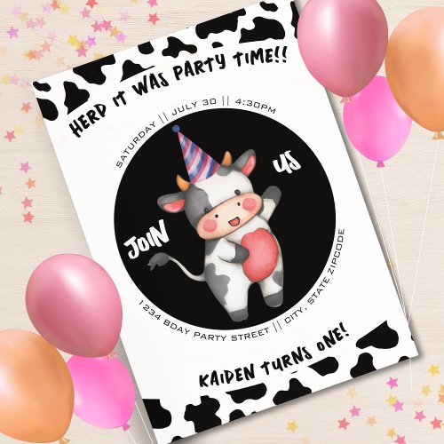 Black  White Cow Print First 1st Birthday Party Invitation