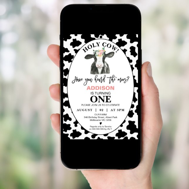 Black White Cow Print Holy Cow 1st Birthday Invitation (Front Digital)