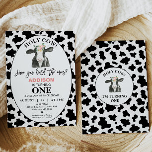 Black White Cow Print Holy Cow 1st Birthday Invitation