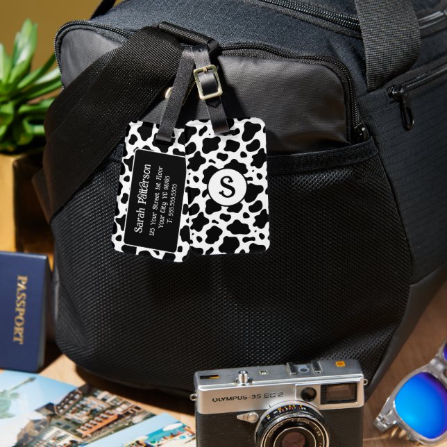 Black White Cow Print Monogram  Luggage Tag (Front & Back)