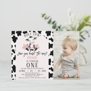 Black White Cow Print Photo Holy Cow 1st Birthday Invitation