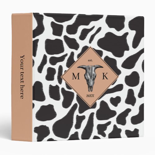 Black  White Cow Spot Animal Pattern Monogram 3 Ring Binder