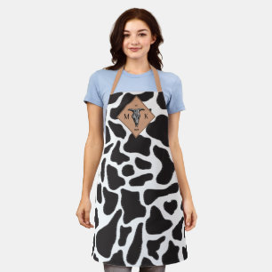 Black & White Cow Spot Animal Pattern Monogram Apron
