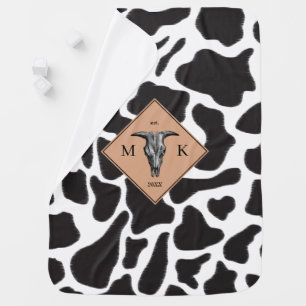 Black & White Cow Spot Animal Pattern Monogram Baby Blanket