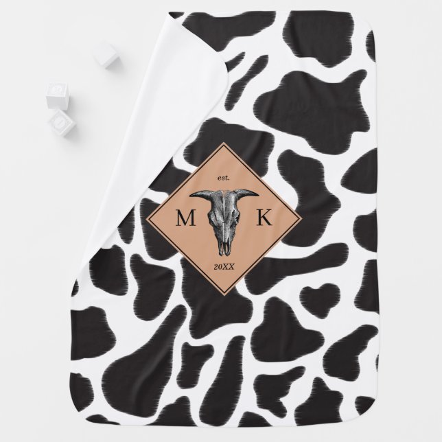 Black & White Cow Spot Animal Pattern Monogram Baby Blanket (In Situ)