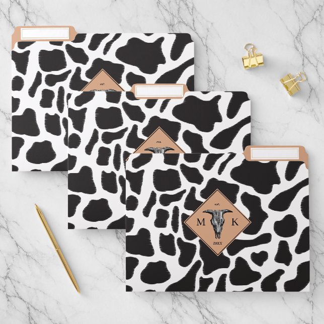 Black & White Cow Spot Animal Pattern Monogram File Folder (Set)