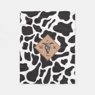 Black & White Cow Spot Animal Pattern Monogram Fleece Blanket